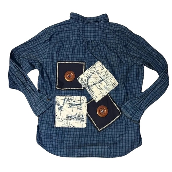 American Eagle Upcycled Patch Work Design Blue Flannel-Size X-Large - Picture 1 of 5